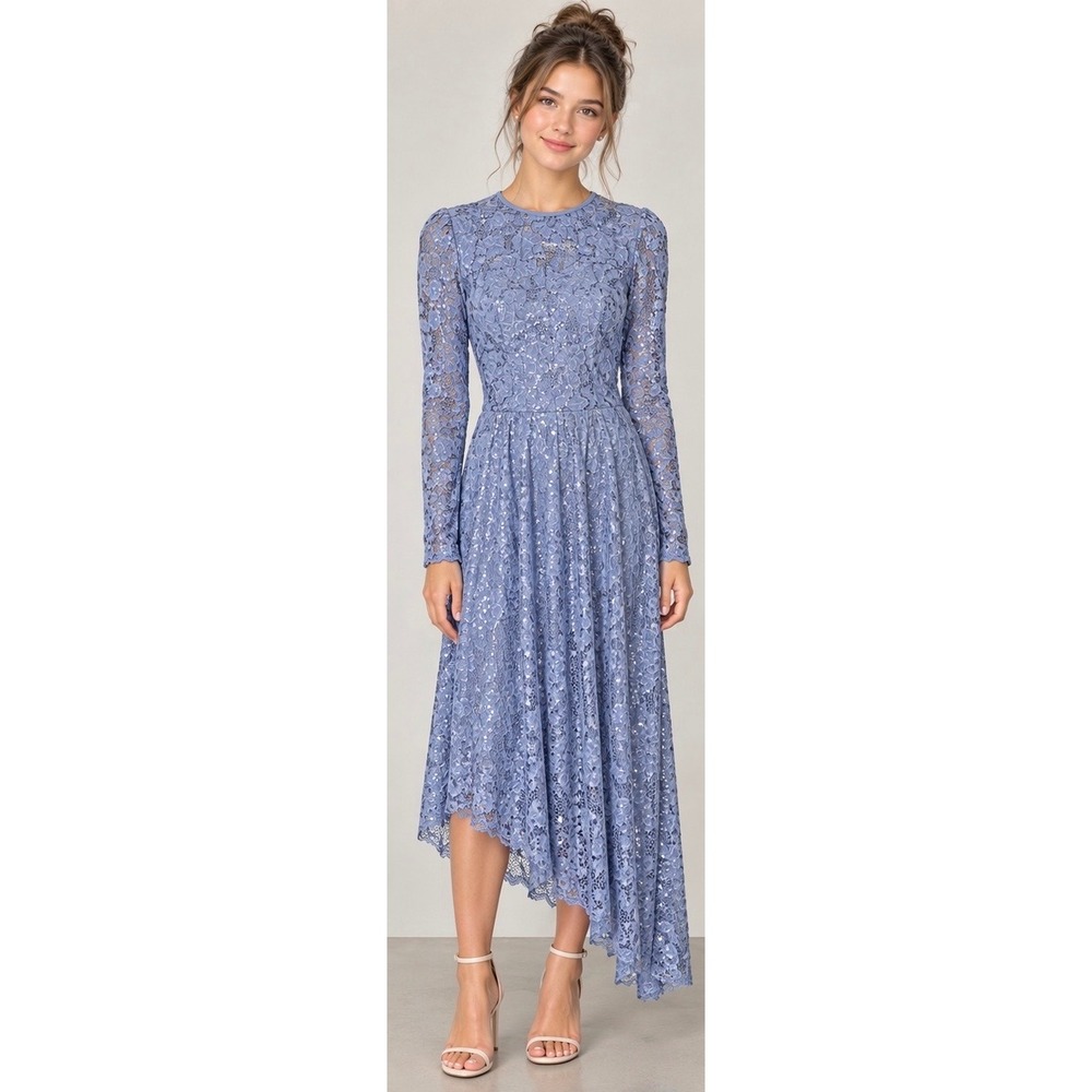 Lace Sequin Long Sleeve Asymmetrical High Low Dress Periwinkle RC25735 Size MA